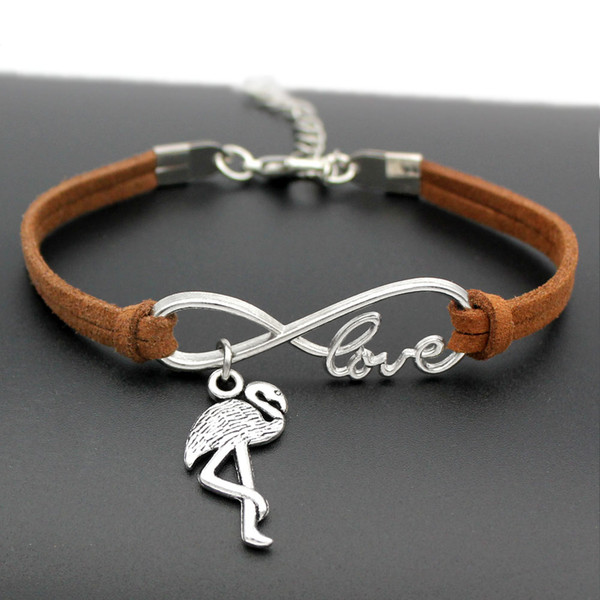 AFSHOR new Fashion Antique Silver Infinity Love Flamingo Birds Charms Pendant Leather Friendship Bracelet Lovely Jewelry Unique Gifts