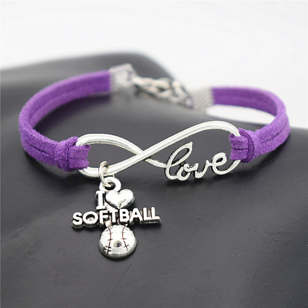 Trendy Quality Silver Alloy Infinity I Love Softball Bracelet Charm Multilayer Purple Leather Suede Friendship Bangles for Women Men Jewelry