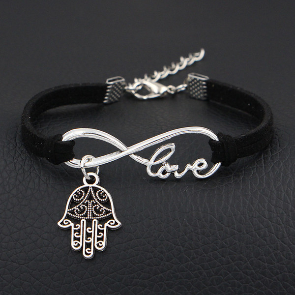 AFSHOR 2018 New Arrival Black Leather Rope Charms Bracelets Bangles Antique Silver Infinity Love Hand Palm Pendants Jewelry Women Men Gift