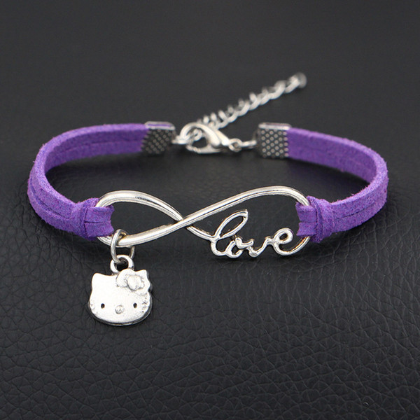 AFSHOR 2018 New Arrival Cute Kitty Cat Charms Bracelet Antique Silver Infinity Love Leather Bracelets For Women Fashion Jewelry