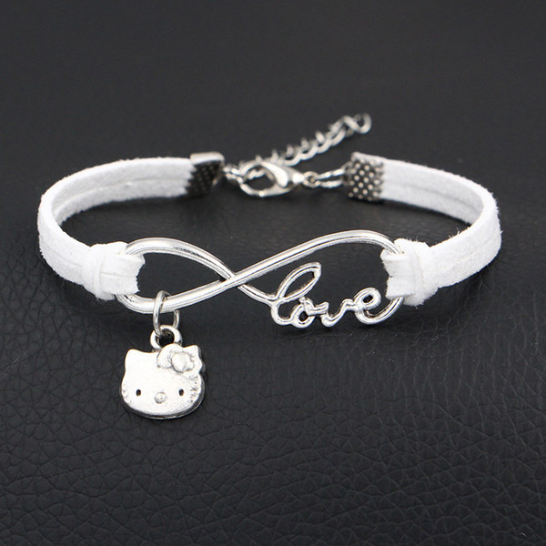 AFSHOR New Brand Infinity Love Cat Pendant Vintage White Leather Rope Charm Bracelets Bangles for Women Men Wristband Cord Fashion Jewelry