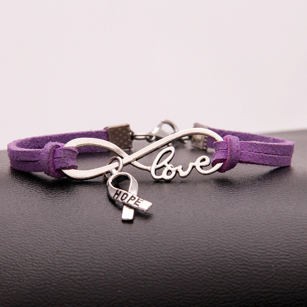 New Single Layers Purple Leather Cuff Charm Bracelet For Women Men Vintage Infinity Love Hope Cancer Sign Bangles Statement Jewelry Hot Gift