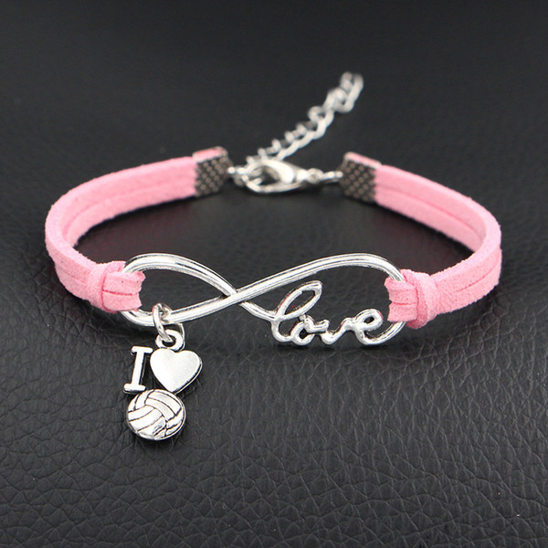 Fashion pink leather Suede cuff bangles Unisex Men Infinity I Love Volleyball heart design DIY Womens bracelet Movie jewelry drop shipping