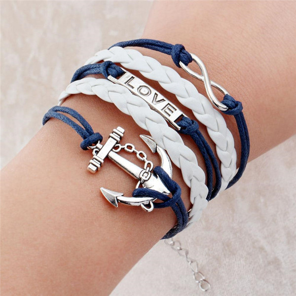 AFSHOR Hot Sale Vintage fashion leather friendship bracelets love anchor Bangles wax cords Infinity Charm hombre accessories For Women Men