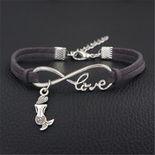 2018 Fashion New Simple Lucky Charm Handmade Gray Leather Rope Cuff Bracelets Bangles For Men Women Infinity Love Mermaid Style Jewelry Gift