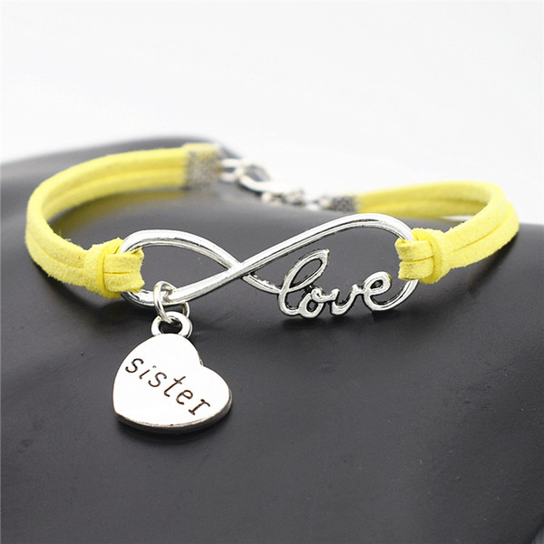 AFSHOR 10 Color Handmade Leather Jewelry Fashion Cute Tibetan Silver Sister Heart Charms Family Christmas Gift Love Infinity Bracelet Bangle