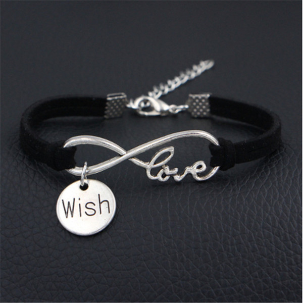 Black Handmade Leather Suede Cuff Charm Bracelets & Bangles Silver Plated Infinity Love Wish Pendants Friendship Jewelry Gifts For Women Men