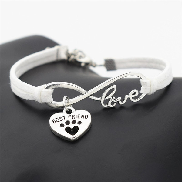 AFSHOR 2018 Women Stylish Personalized Antique Silver Pets Cat Lover Animal Bear Dog Paw Charm Pendant Leather Infinity Love Bracelet Bangle