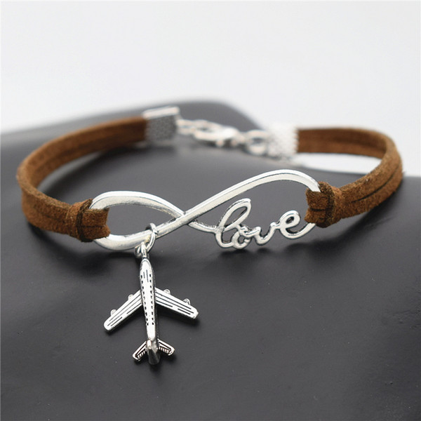 AFSHOR New Personality Aircraft Men's Gift Women's Casual Antique Silver Plane Charms Airplane Pendants Infinity Love Leather Suede Bracelet