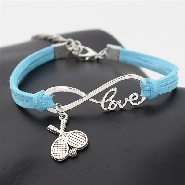 AFSHOR 2018 New Casual Punk Antique Silver Double Cross Tennis Racket Ball Charm Infinity Love Leather Bracelet Gift for Tennis Sports Lover