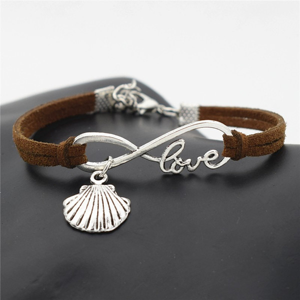 AFSHOR New Beach Vintage Style Antique Silver Infinity Love Seashell Conch Sea Shell Charms Pendant Leather Bracelets Cute Gift Jewelry