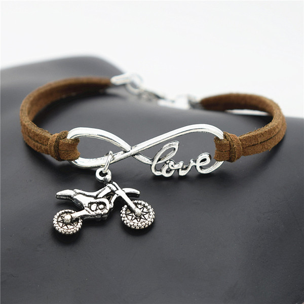 AFSHOR New Punk Sports Jewelry Antique Silver Motocross Flying Fast Motorcycle Charms Pendant Infinity Love Leather Bracelet Bangles Jewelry