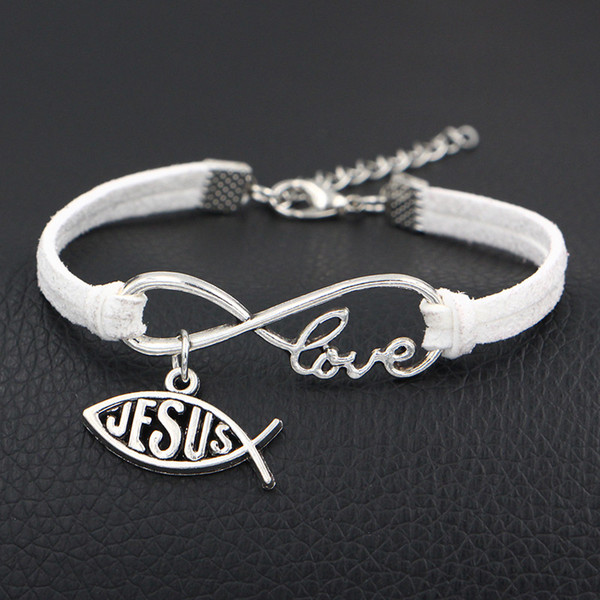 White Leather Suede Jewelry For Women Men Silver Color Infinity Love Fish Jesus Christian Charm Bracelets & Bangles Fashion Geometric Gifts