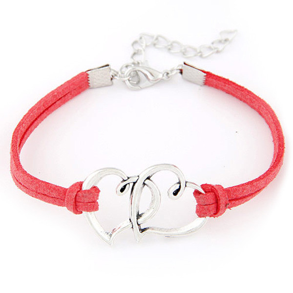 Red Color Genuine Braided Leather Suede Cuff Wrap Bracelets For Woman Men Multilayer Double Heart Bangles Vintage Handmade Wristband Jewelry