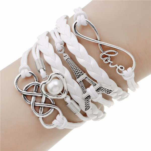 AFSHOR New Fashion Jewelry Infinity Love Eiffel Tower Double Leather Multilayer Charm Bracelet Bangles Factory Price For woman Man Wholesale