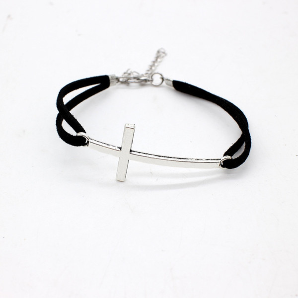 Multiple Layers Black Stone Leather Suede Bracelets For Woman Men Fashion Silver Cross Christian Pulsera Mujer Charm Jewelry Gifts 2018 New