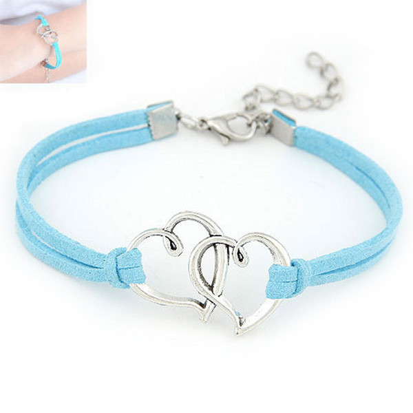 Fashion Multiple Layers Blue Leather Suede Bracelets Double Heart Pendant Rope Chain Charm Bangles For Men Women Handmade Jewelry Gifts 2018