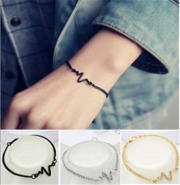 2019 New Fashion Simple Personality Gold Silver Black Bileklik Ecg Figure Lightning Bracelet Couple Heartbeat Frequency Charm Pulseras Mujer