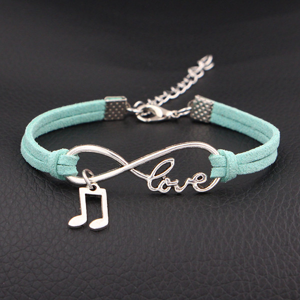 New Latest 2018 Light Green Leather Rope Cuff Wrap Bracelets Bangles Boho Chic Infinity Love Music Sign Pendant Charm Jewelry Valentine Gift