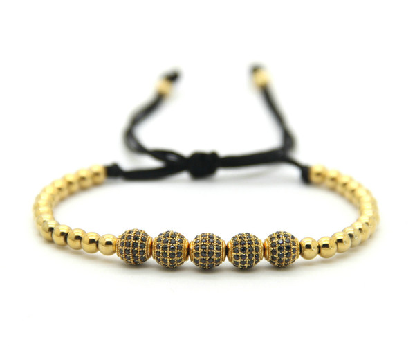 High Quality 6mm Gold, Rose Gold, Gun Black Pave CZ Beads Braiding Bracelet For Men Women Jewelry