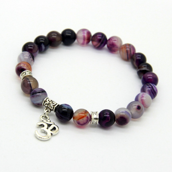 New Arrival Jewelry Sets 8mm Beaded Natural Purple Agate Stone Beads OM, Hamsa Yoga Braclets, Best Gift for men and women