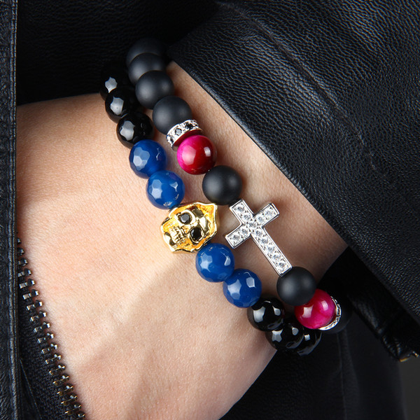 1PCS Religious Totem Jewelry 8mm Matte Onyx & Colors Tiger Eye Stone Beads With Clear Cz Royal Cross Jesus Bracelets For Party