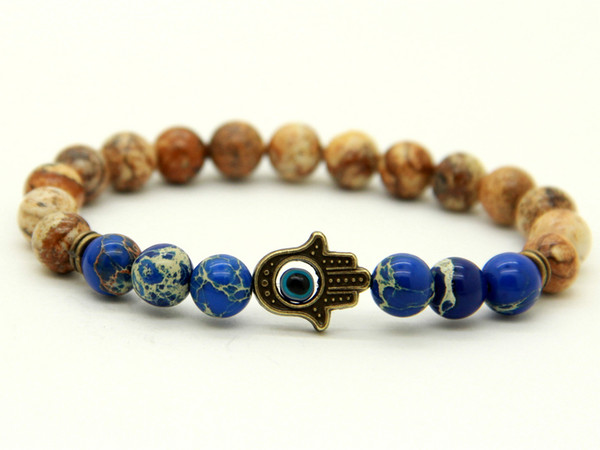 New Design 1PCS 8mm Natural Picture Jasper Stone Sea Sediment Beads With Antique Bronze Hamsa Best Gift Bracelets