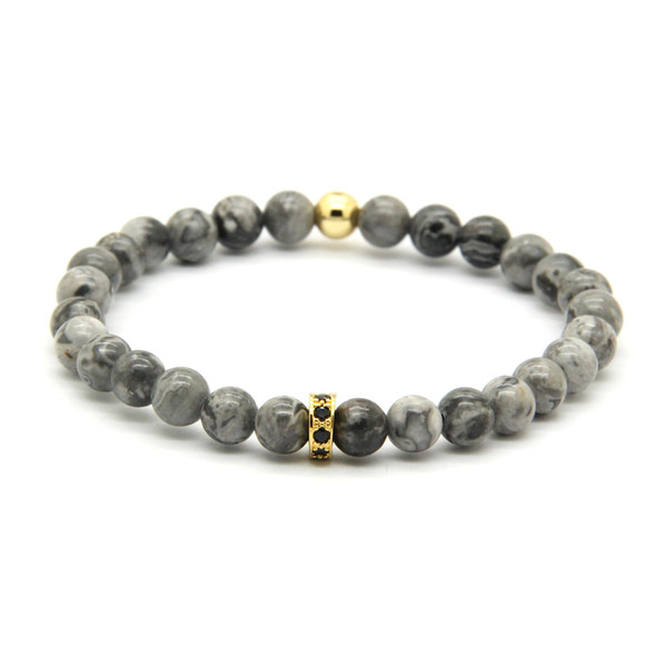 Wholesale 10pcs/lot Fashion Brand Jewelry 6mm Grey Jasper Stone Beads with Micro Inlay Black Zircons Spacer Cz Lucky Bracelets