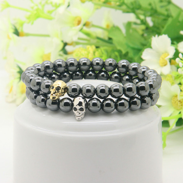 Whosale Powerful Fashion Jewelry 8mm Black Hematite Beads With Micro Pave Cz Faceted Skeleton Skull Bracelets