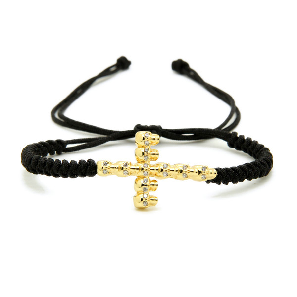 High Grade Mens Jewelry Wholesale Micro Pave Clear Cz 10 Skull Braiding Macrame Cross Bracelet Best Gift for men and women