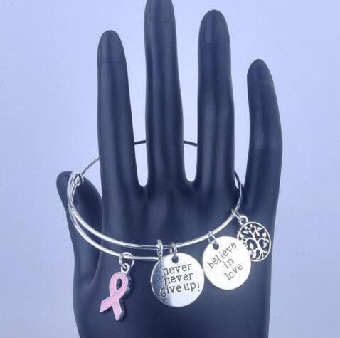 Vintage Silver Never Never Give Up Breast Cancer Awareness Charms Expandable Bracelet Bangles For Women Fashion Jewelry Gifts Accessories