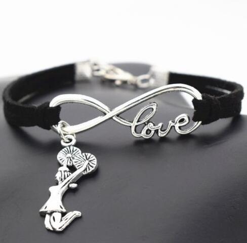 10pcs Vintage Silver Love Infinity Cheerleader Cheer Charm Bracelet Bangle For Women Mixed Color Velvet Rope Bracelet Jewelry Gift new