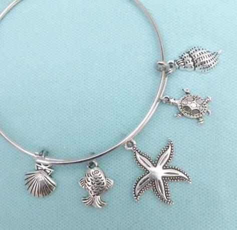 Seashell Starfish Fish Turtle Conch Charm Expandable Wire Bangles Vintage Silver Cuff Bangles For Women Jewelry Fashion Couple Accessories