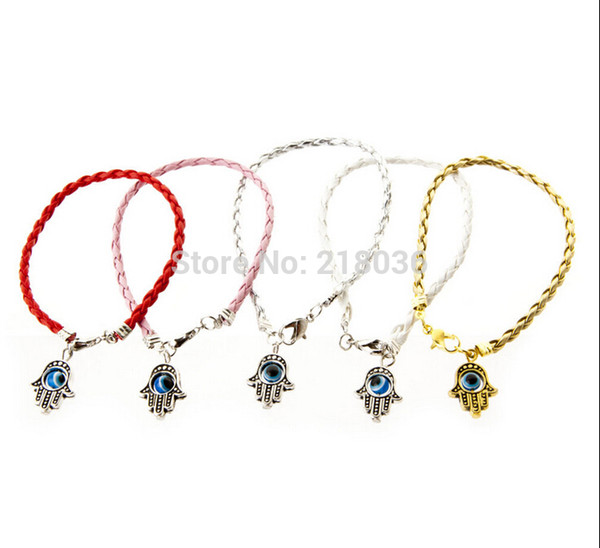 50Pcs Fashion Vintage Gold&Silver Hamsa Evil Eye Hand Fatima Charms Mix Weave Leather Good Luck Braclets& Bangles Jewelry L377