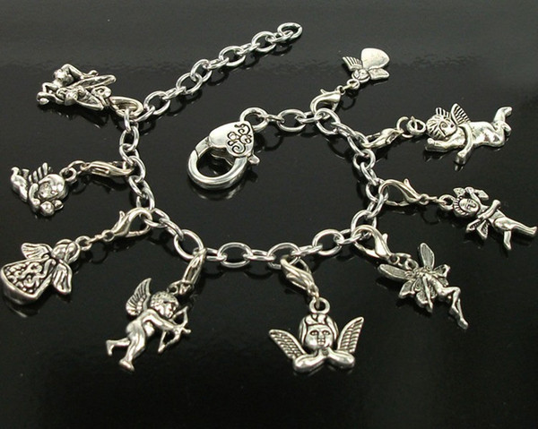 Fashion Jewelry Vintage Silver Stainless Steel Chain Charm Bracelets Mix Angel Fairy Charms Good Luck Bracelet Bangle For Women DIY 10pcs