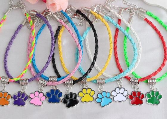 Vintage Silver Enamel Bear Cat Dog Paw Print Bracelets Charms Pendant weave Leather Braclets &Bangles Jewelry For Women Friendship Gift