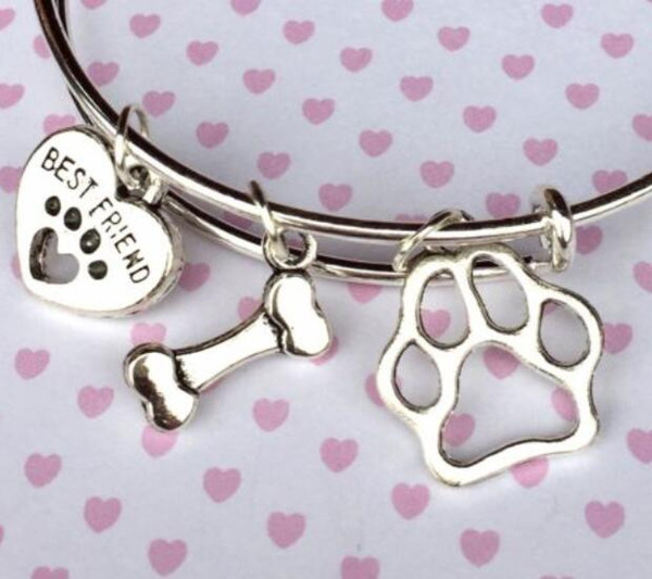 Vintage Silver Cat Dog Paw Prints Heart Bone Charms Expandable Wire Bracelet Wedding Cuff Bangles For Women Jewelry Gift NEW Accessories NE