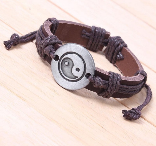 Vintage Silver Tai Chi Diagram Genuine Yin Yang Leather Charms Cuff Bracelet Bangles For Women Dress DIY Jewelry HOT Z1886