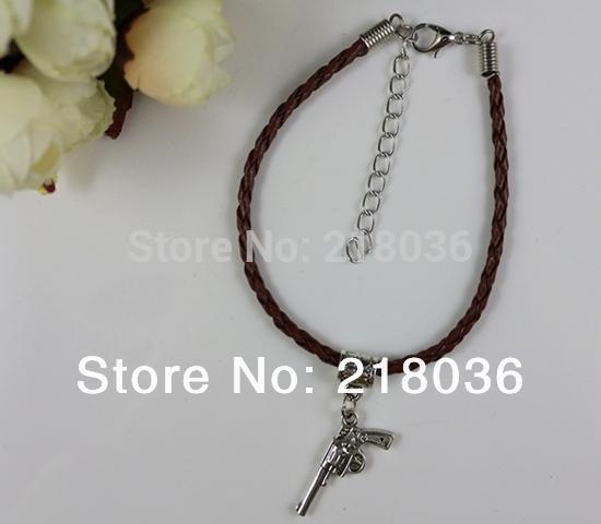 Vintage Silver 3D Pistol Charms Bracelets Leather Pendants Good Luck Bracelet& Bangles 18 cm DIY Jewelry Girls Bijoux 100PCS Wholesale N1440