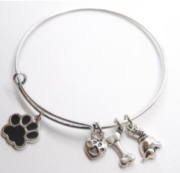 Vintage Silver Enamel Dog Paw Print Bone Heart Charms Expandable Wire Bracelet Wedding Cuff Bangles For Women Jewelry Gift NEW Accessories