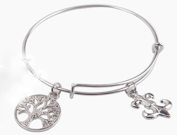 Vintage Silver Tree of life lily Fleur De Lis Charms Bangles Expandable Wire Bangles Bracelet For Wiring Women Jewelry Gift Accessories