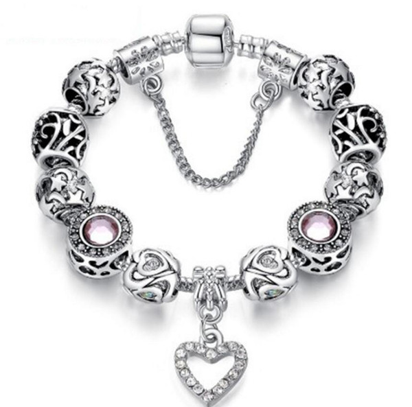 High Quality European Silver Heart Pendant Beading Bracelets&Bangles Pink Crystal Charm Bracelets For Women DIY Jewelry with Safe Chain