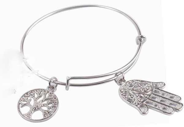 Vintage Silver Tree of life Hamsa Hand Charms Bangles Expandable Wire Bangles Bracelet For Women Fashion Fashion Gift Handmade Accessories