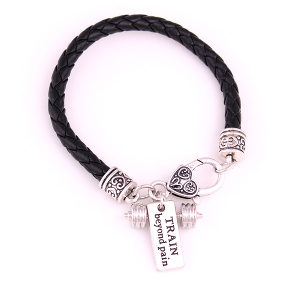 New Fashion White Black Leather Chain Weight Lifting Fitness Dumbell Charm TRAIN Beyond Pain Pendent Bracelet