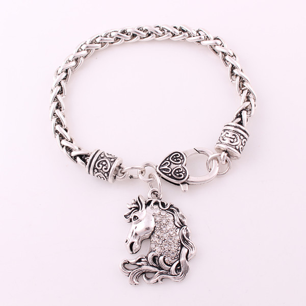 Best Quality Antique Silver Color Animal Horse Head Charm Pendant Studded With Sparkling Crystal Wheat Chain Bracelet