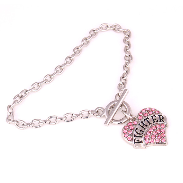 Hot Selling Rhodium Plated Zinc Letters FIGHTER Heart-Shaped Pendant Studded With Sparkling Crystals Bracelet Charm Link Chain Bracelets