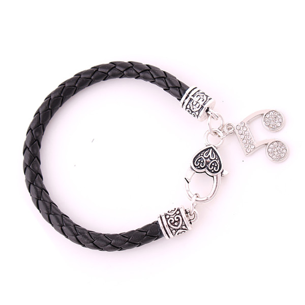 Hot Selling studded With Crystal Music Symbol Musical Note Charm Pendant Leather chain bracelet Jewelry