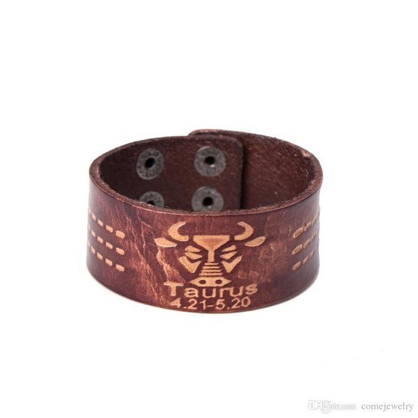 Taurus 12 Zodiac Signs Punk Wrap Constellations Adjustable fashion Sign Vintage Leather Bracelet Best festival and birthday gifts