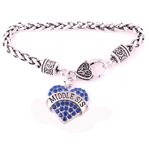 Zinc Alloy Studded With Sparkling Crystal MIDDLE SIS Heart Charm Pendent Jewelry Wheat Bracelet Drop Shipping