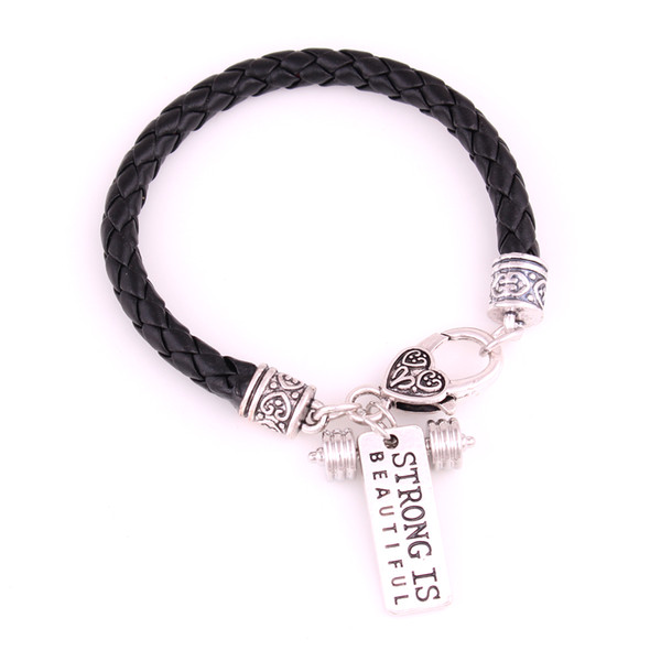 Apricot Fu White Black Leather Braided CrossFit Weight Lifting Fitness Dumbell Charm Bracelet 